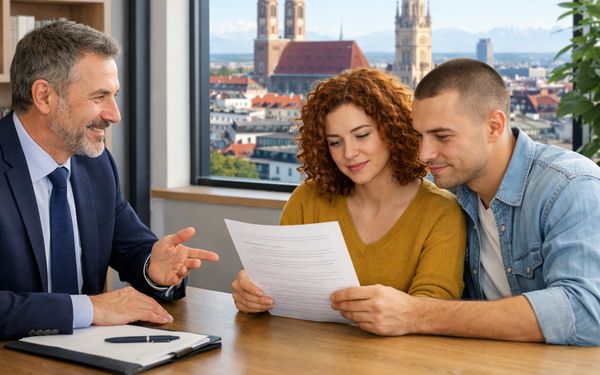 Drei Personen an einem Tisch besprechen einen Vertrag