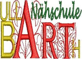 Logo mit Schriftzug "Ulla Barth Nähschule" in bunten Farben und floraler Verzierung.