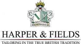 Wappen mit Schere und Knöpfen, Text: "Harper & Fields - Tailoring in the True British Tradition".