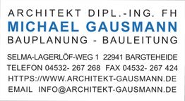 Visitenkarte von Architekt Michael Gausmann, Bauplanung und Bauleitung, mit Kontaktinformationen.