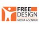 Logo mit orangener Figur und Text "Free Design Media Agentur".