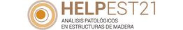 Logo de "HELPEST21" con círculos naranjas y texto sobre estructuras de madera.