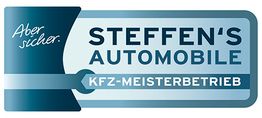 Logo von Steffen's Automobile, KFZ-Meisterbetrieb, mit dem Slogan "Aber sicher" in Blau.