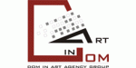 Logo: Roter Rahmen mit Schriftzug "Art in Om", Quadrate und Streifen.