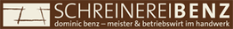 Logo der Schreinerei Benz mit Text "Dominic Benz – Meister & Betriebswirt im Handwerk", braune Farbe.