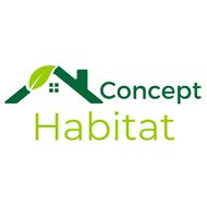 Logo "Concept Habitat" avec toit vert et feuille intégrée.