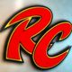 Texto "RC" en rojo y amarillo con borde negro sobre fondo claro.