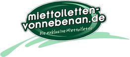 Logo von "miettoiletten-vonnebenan.de" auf grünem Hintergrund mit Slogan "Die exklusive Miettoilette".
