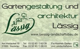 Visitenkarte für Gartengestaltung Lässig mit Kontaktdaten und Website auf grünem Hintergrund.