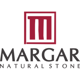 Logotipo de Margar Natural Stone con letras negras y símbolo rojo sobre fondo blanco.