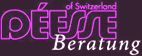 Logo mit violettem Schriftzug "Déesse of Switzerland Beratung" auf schwarzem Hintergrund.