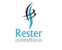 Logo "Rester Cosméticos" com design abstrato em azul e preto.