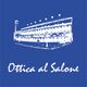 Illustrazione di un edificio storico su sfondo blu con testo "Ottica al Salone" in bianco.