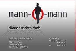 Logo "mann-o-mann" mit Silhouette, Adresse und Öffnungszeiten. Text: "Männer machen Mode".