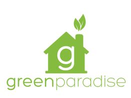 Grünes Haus-Logo mit Blatt als Schornstein und "green paradise" Schriftzug darunter.