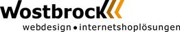 Wostbrock Logo mit Text: „webdesign • internetshoplösungen“, zwei orange Pfeile rechts vom Text.