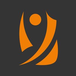 Abstraktes orangefarbenes Figuren-Logo auf dunkelgrauem Hintergrund.