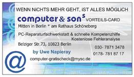 Visitenkarte für "computer & son‘s", PC-Reparatur, Berlin, mit Kontaktinformationen und Adressen.