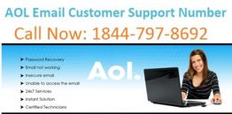 AOL support number image with services listed and a smiling woman using a laptop.