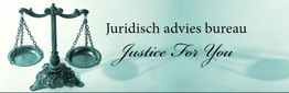 Weegschaal met tekst "Juridisch advies bureau, Justice For You" op groen-blauwe achtergrond.