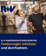 Zwei Personen im Lager, einer mit Klemmbrett, der andere mit Helm. Text: "Forderungen schützen."