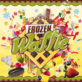 Buntes "Frozen Waffle"-Bild mit Früchten, Süßigkeiten und Streuseln auf gelbem Hintergrund.