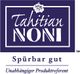 Blaues Logo "Tahitian Noni" mit Blume, Schriftzug "Spürbar gut, Unabhängiger Produktreferent".