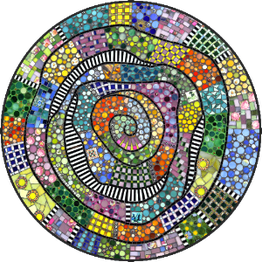 Buntes spiralförmiges Mosaik mit verschiedenen Mustern und Formen.