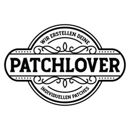 Schwarz-weißes Logo von "Patchlover" mit Verzierungen und Schriftzug: "Wir erstellen deine Patches".