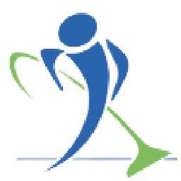 Abstract figure with cane and skis, using blue and green shapes.