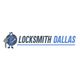 Illustration of a locksmith holding keys next to the text "Locksmith Dallas" in blue and black.
