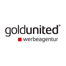 Logo der Goldunited Werbeagentur, schwarzer Text mit kleinem roten Quadrat darunter.