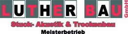 Luther Bau GmbH Logo: Rot-schwarzer Text mit "Stuck- Akustik & Trockenbau, Meisterbetrieb".