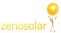 Gelbe Silhouette hebt strahlende Sonne neben dem Schriftzug "zenosolar" empor.