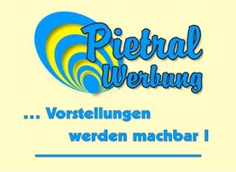 Pietral Werbung-Logo mit Slogan: „Vorstellungen werden machbar“ auf hellgelbem Hintergrund.