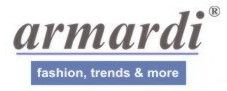 "armardi Logo mit Schriftzug 'fashion, trends & more' auf blauem Hintergrund."