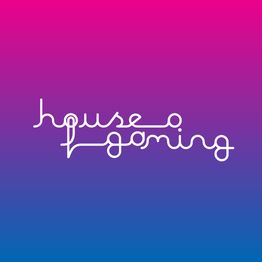 Texto "House of Gaming" em gradiente rosa-azul com fonte branca estilizada.