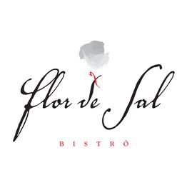 Logotipo do bistrô Flor de Sal com uma flor cinza e texto em preto e vermelho.