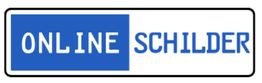 Blaues Schild mit der Aufschrift: „ONLINE SCHILDER“ in einem rechteckigen Rahmen.