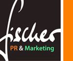 Schwarzes Logo mit "Fischer PR & Marketing" in Weiß, Orange und Grün mit orangefarbenem Streifen.