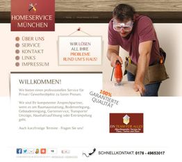 Handwerker arbeitet an Holz, Webseite von Homeservice München mit Kontaktinfo.