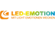 Logo von LED-Emotion mit Slogan: "Mit Licht Emotionen wecken", in Regenbogenfarben.
