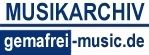 Textlogo: "MUSIKARCHIV" oben und "gemafrei-music.de" unten in blauer Schrift.