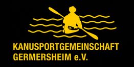 Gelbes Logo der Kanusportgemeinschaft Germersheim e.V. mit Paddler-Silhouette auf schwarzen Grund.