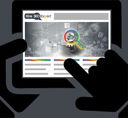 Hands interact with a digital SEO expert screen, featuring colorful magnifying glass graphics.