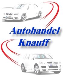 Werbung für Autohandel Knauff mit zwei weißen Autos und roten Linien.