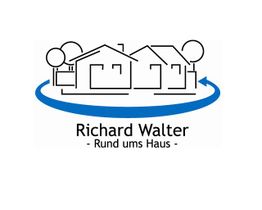 Logo mit Häusern und Bäumen, Text: Richard Walter - Rund ums Haus - und blauer Pfeil.