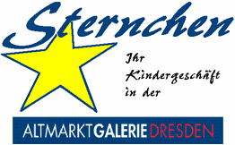 "Sternchen-Logo: Ihr Kindergeschäft in der Altmarkt Galerie Dresden mit gelbem Stern."
