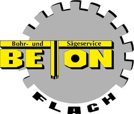 Logo mit grauem Sägeblatt und dem Schriftzug "Bohr- und Sägeservice Beton" in Gelb und Schwarz.