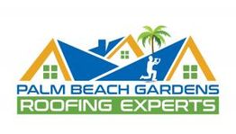 Logo of Palm Beach Gardens Roofing Experts with houses, a roofer, and a palm tree.